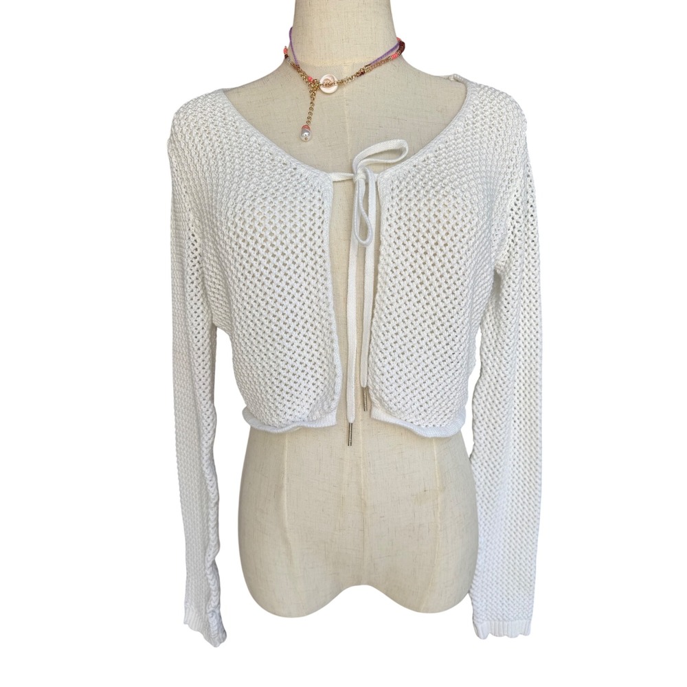 GUESS Women White Open Knit Cropped Cardigan Tie Front Mesh Sweater